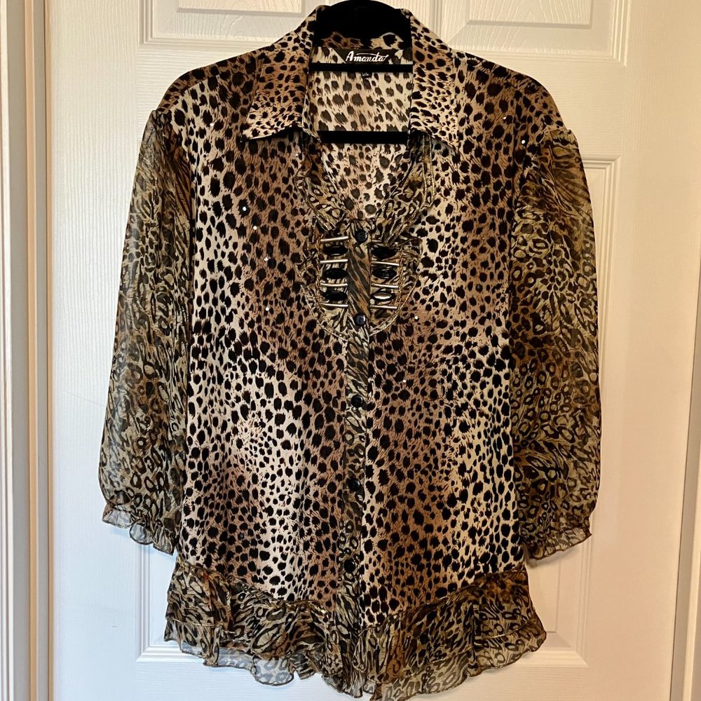 ⭐️2/$30⭐️ Animal/leopard print blouse, 3/4 sleeves, bead accents, size 1XL